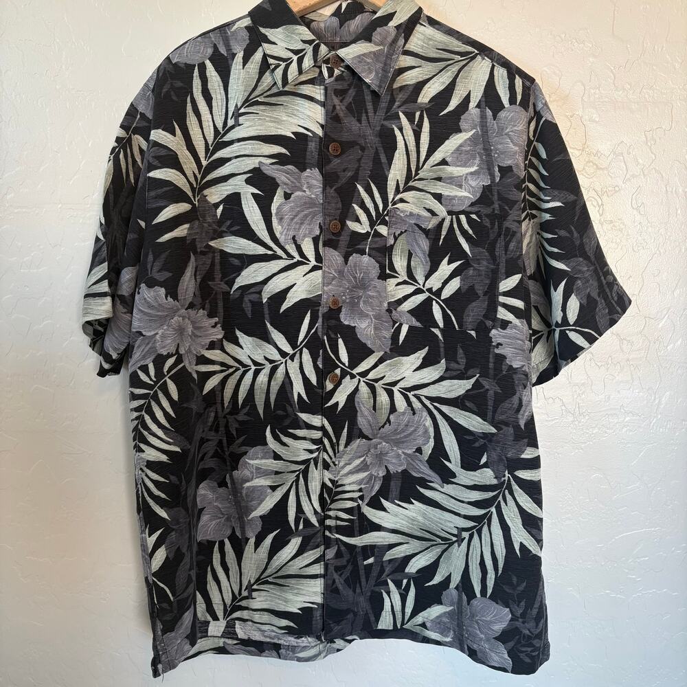 Caribbean Joe 100% Silk Hawaiian Shirt Lg Black Gray Tropical Floral Camp Shirt